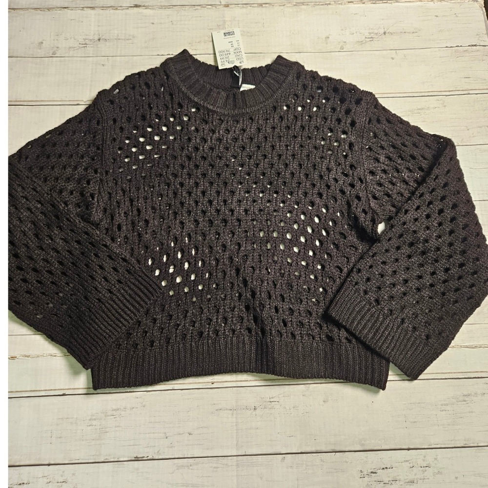 H&M Divided Women Pointelle‎ Open Knit Cropped Sweater Black XS New